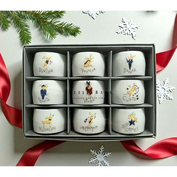 9 VTG Pottery Barn Reindeer Napkin Rings Christmas Holiday Rudolph Dancer Cupid - Picture 1 of 12